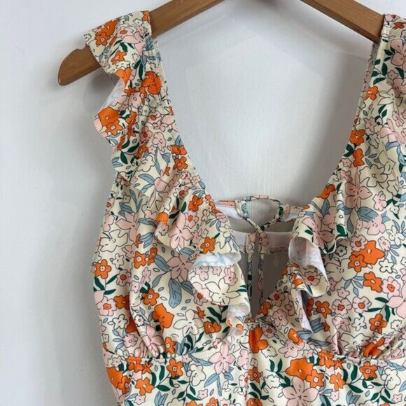 Women's 2XL XXL Orange White Floral Open Back One Piece Swimsuit Swimwear Frill - Picture 2 of 13